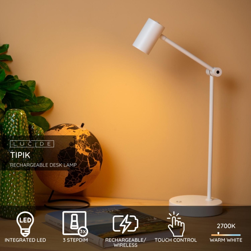 Lucide TIPIK - Nabíjacia stojanová lampa na čítanie - Batéria - LED Dim. - 1x3W 2700K - 3 StepDim - Biela